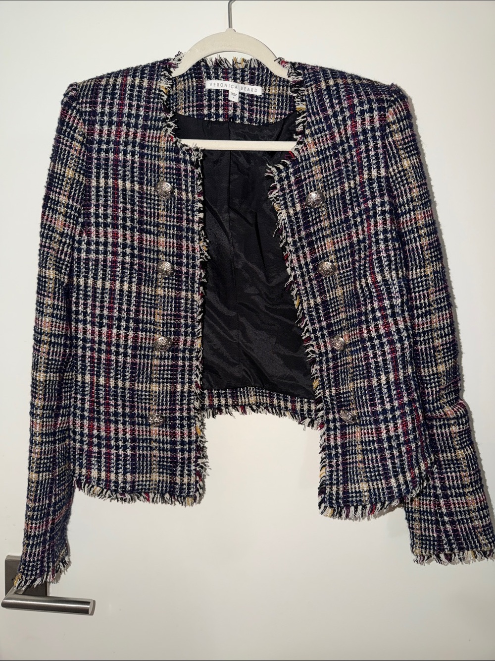 Veronica Beard Navy, Cream & Burgundy Plaid Tweed Cropped Jacket